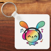 Happy Bunny met hoofdtelefoons die naar muziek lui Sleutelhanger (Voorkant)