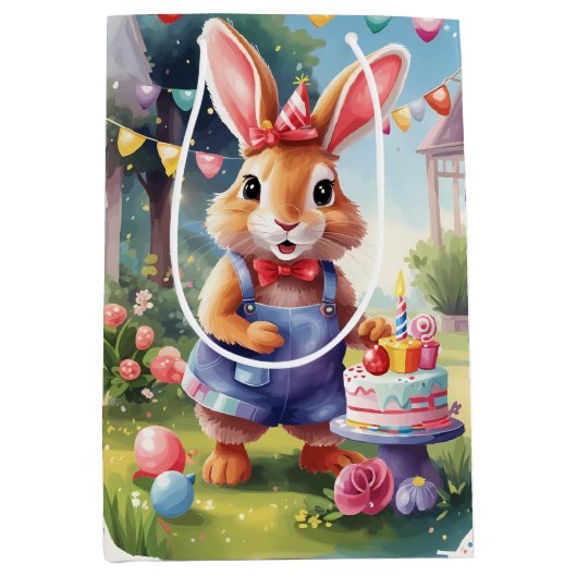 Happy Bunny met taart | Medium Cadeauzakje (Voorkant)