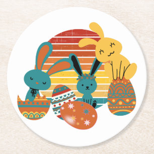 Happy Bunny, Paaseieren, Cute Ronde Kartonnen Onderzetter