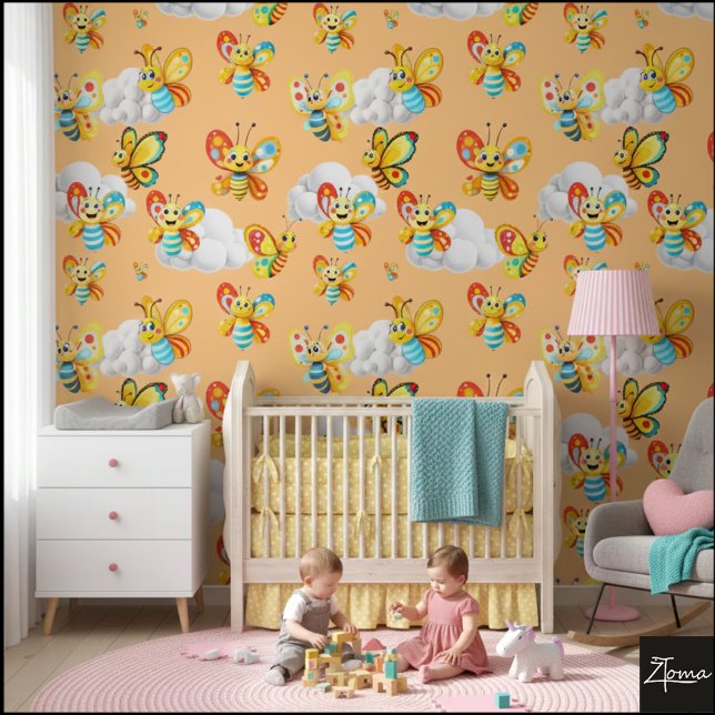 Happy Butterfly Cloud Sky Pattern - Perzik Sinaasa Behang (Creator heeft geüpload)