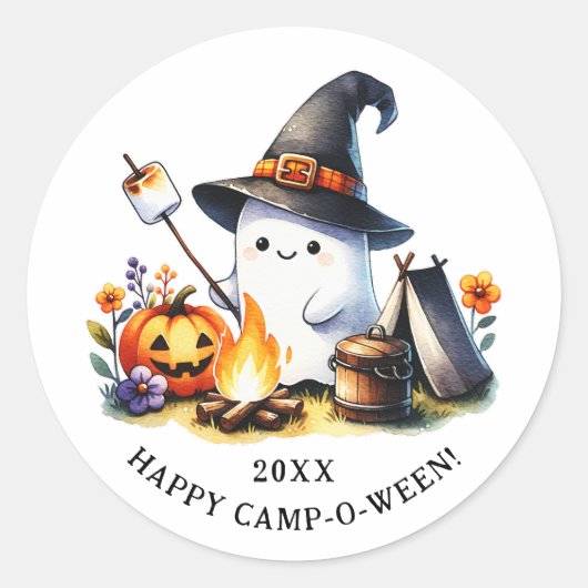 Happy Camp-o-ween Funny Ghost Camping Halloween Ronde Sticker (Voorkant)