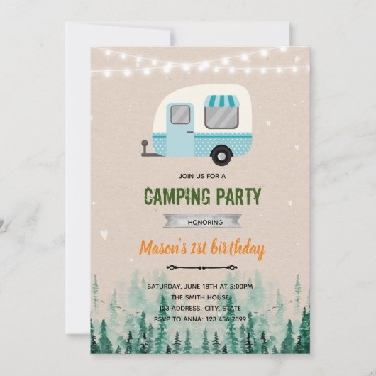 Happy camper garçon thème invitation (Devant)