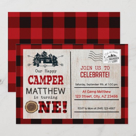 Happy Camper Lumberjack Flannel First Birthday Kaart (Voorkant / Achterkant)