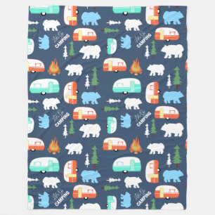 Happy Camper Navy Blue Oranje Aqua Camp Blanket Fleece Deken