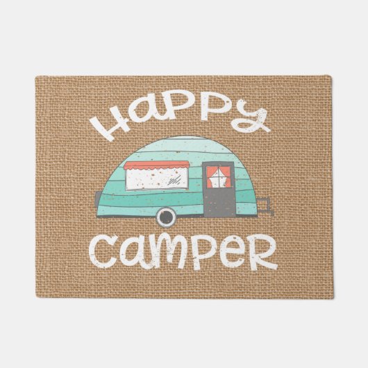 Happy Camper Retro Trailer RV Caravan Burlap Deurmat (Voorkant)