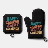 Happy Camper Retro Wavy Tekst Zwarte achtergrond Ovenwant & Pannenlap Set (Voorkant)