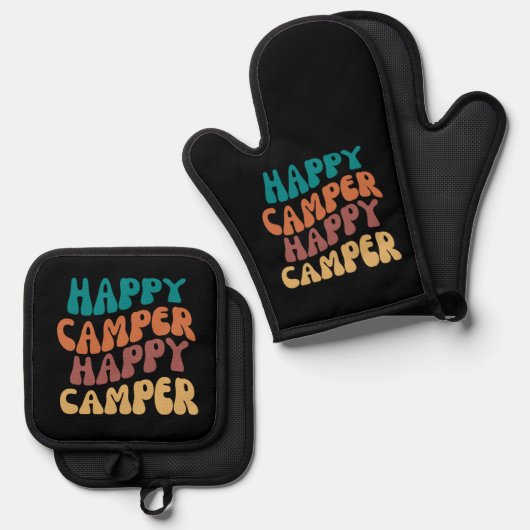 Happy Camper Retro Wavy Tekst Zwarte achtergrond Ovenwant & Pannenlap Set (Voorkant / Achterkant)