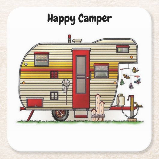 Happy Camper Trailer Vierkante Kartonnen Onderzetter (Voorkant)