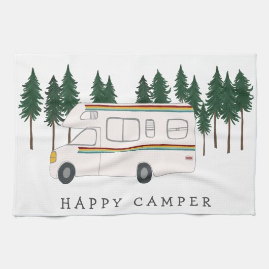 HAPPY CAMPER whimsical motorhome RVing Forest Theedoek (Horizontaal)