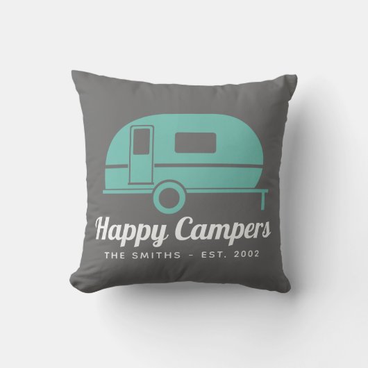 Happy Campers Grey Blauwgroen Camping Kussen (Voorkant)