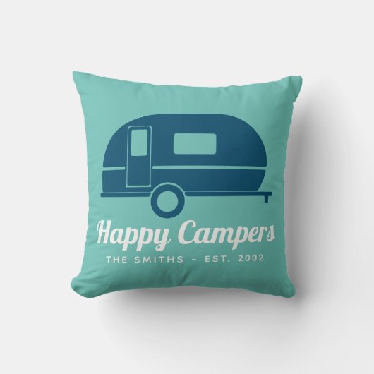 Happy Campers Navy Blauwgroen Camping Kussen (Voorkant)
