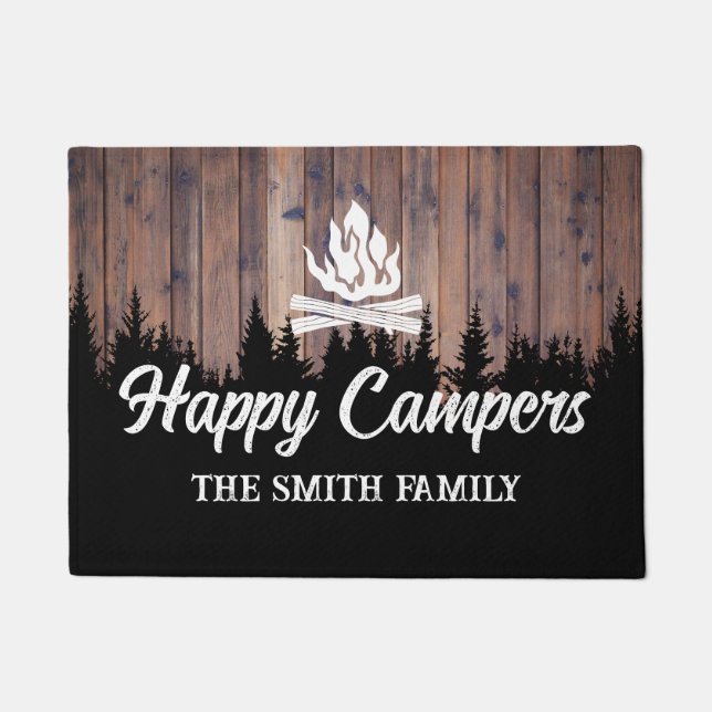Happy Campers Rustic Camping Fire Familienaam Deurmat (Voorkant)