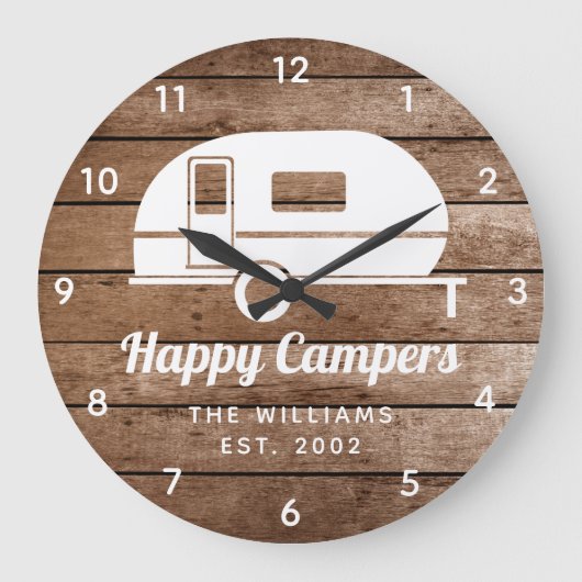 Happy Campers Rustic Wood Camping Large Clock Grote Klok (Voorkant)