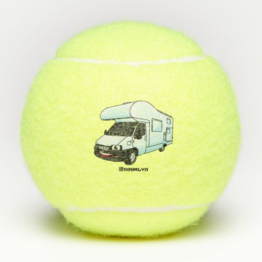 Happy campervan cartoon illustratie tennisballen (Voorkant)