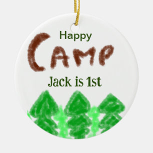 Happy camping camper één verjaardag kinder boomhou keramisch ornament
