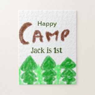 Happy camping camper één verjaardag kinder boomhou legpuzzel