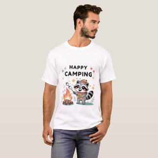 Happy Camping Raccoon, Schattigee kampvuur Cartoon T-shirt