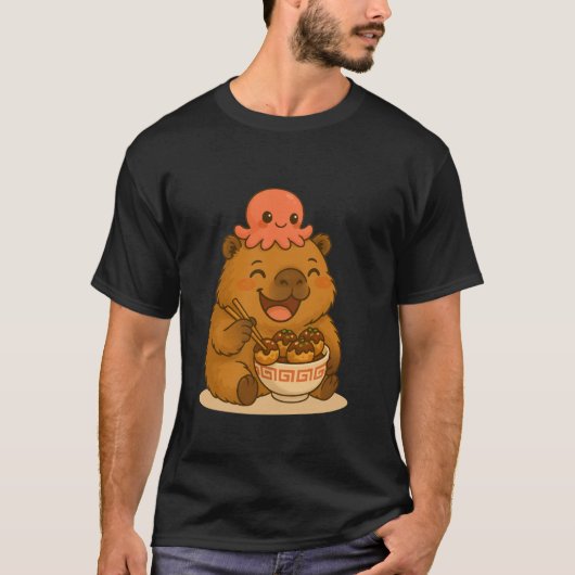 Happy Capybara Eating Takoyaki with Octopus Kawaii T-shirt (Voorkant)