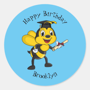 Happy cartoon bee afstuderen ronde sticker