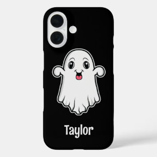 Happy Cartoon Ghost met naam Zwart iPhone 16 Hoesje