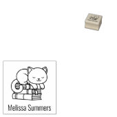 Happy Cat bovenop Stack of Books Bookplate 1x1 Rubberstempel (Gestempeld)