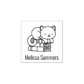 Happy Cat bovenop Stack of Books Bookplate 1x1 Rubberstempel (Afrduk)