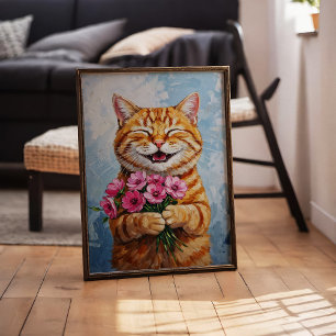 Happy Cat geeft een boeket Wall Art Poster