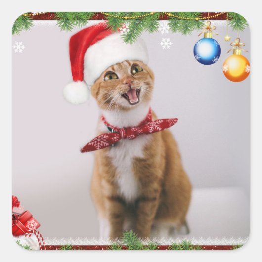 Happy cat in het rode kerstpet vierkante sticker (Voorkant)