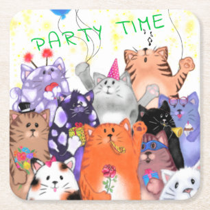 Happy Cat Party Cartoon Tekening - Cute Funny Cats Vierkante Kartonnen Onderzetter