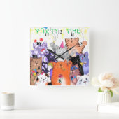 Happy Cat Party Cartoon Tekening - Cute Funny Cats Vierkante Klok (Huis)