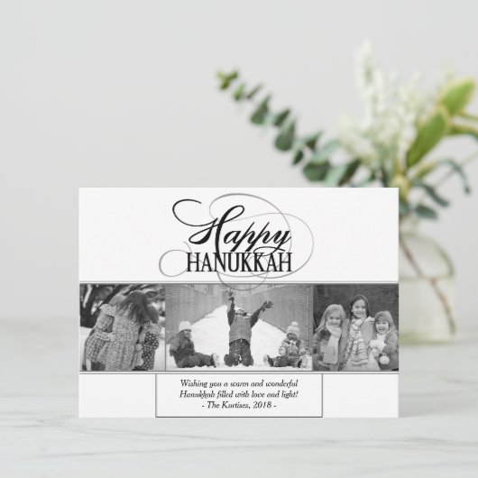 Happy Chanoeka | Modern Script Zwart Wit 3 Foto Feestdagenkaart (Staand voorkant)