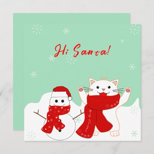 Happy Chat Avec Snowman | Carte à plat de Noël (Devant / Derrière)