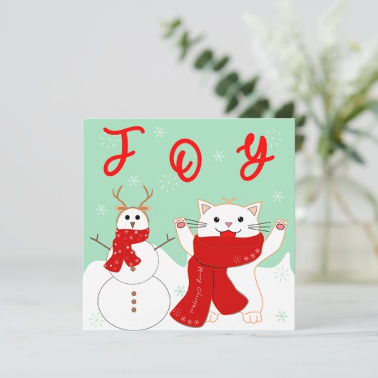 Happy Chat Avec Snowman | Carte à plat de Noël (Debout devant)