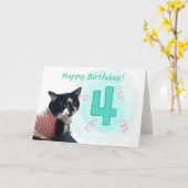 Happy Chat Numéro Quatre Ribbons Carte Anniversair (Fleur jaune)