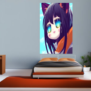 Happy Cheerful Anime cat girl AI Art Poster