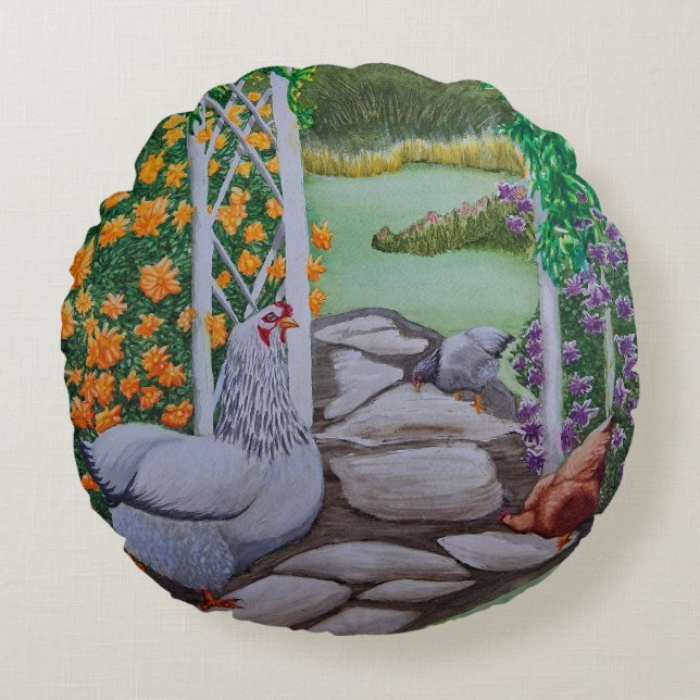 Happy Chickens Rond Kussen (Voorkant)