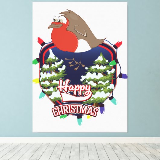 Happy Christmas cartoon Robin logo Canvas Afdruk (Insitu (Houten vloer))