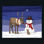 Happy Christmas Snowman & Cute Reindeer Poster<br><div class="desc">Un cerf mange le nez de carotte du bonhomme de neige et le partage avec un lapin lapin mignon.</div>