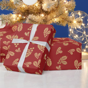 Happy Christmas Waterverf Gold Holly Leaves Rood Cadeaupapier