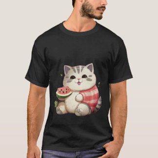 Happy Chubby Cat with Watermelon Summer Art ✨🐾🍉 T-shirt