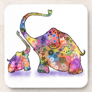 Happy Colorful Mother and Baby Elephant - Tekening Bier Onderzetter