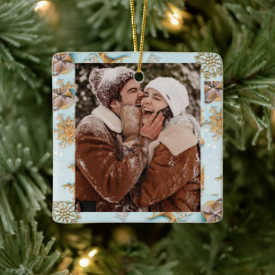 Happy Couple CUSTOM Baby Blauw Goud Kerstmis Keramisch Ornament