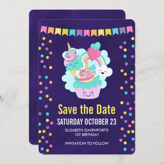 Happy Cupcake en Ice Cream Birthday Party Save The Date (Voorkant / Achterkant)