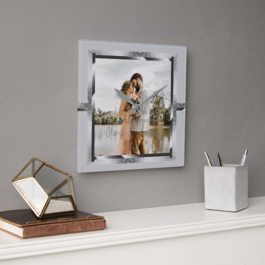 Happy Custom Year Jubileum, Modern Silver Grey Vierkante Klok (Kantoor)