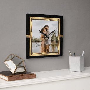 Happy Custom Year Jubileum, zwart en goud Vierkante Klok