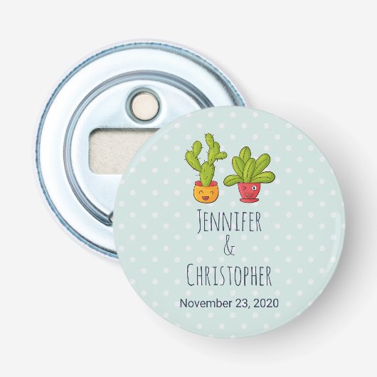 Happy Cute Cactus in Flower Pots Fun Wedding Button Flesopener (Voorkant)