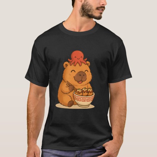 Happy Cute Capybara Eating Takoyaki with Octopus K T-shirt (Voorkant)