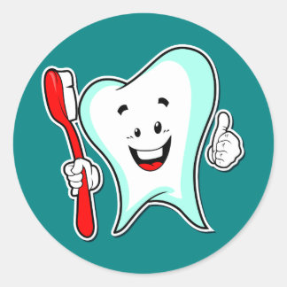 Happy Cute Cartoon Tooth Met Een Tandenborstel Ronde Sticker