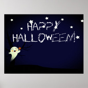 Happy Cute Ghost op een Starry Halloween Nightsky Poster