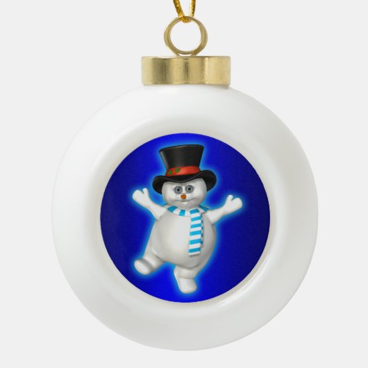 Happy Dancing Snowman op Blue Keramische Bal Ornament (Voorkant)